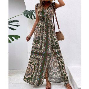 Boho Floral Print Flutter Sleeve Slit Thigh Dress